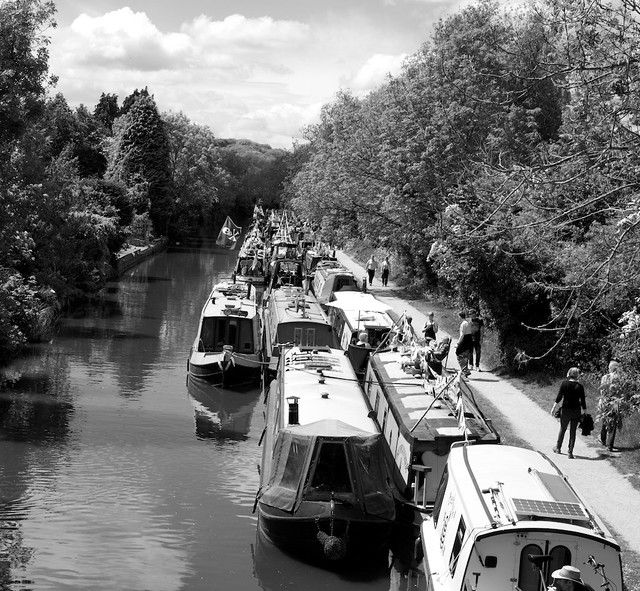 Canal boats three deep on the Grand Union Canal