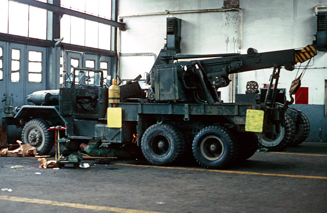 US Army Tow truck being repaired, Ludendorf Kaserne, Kornwestheim Germany 1972
