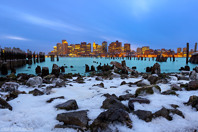 Arctic Boston Harbor and Skyline, Snow Covered Carlton's Wharf East Boston