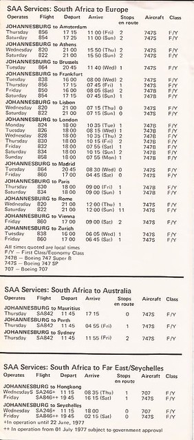 South African Airways quick reference timetable of international routes - April 1, 1977