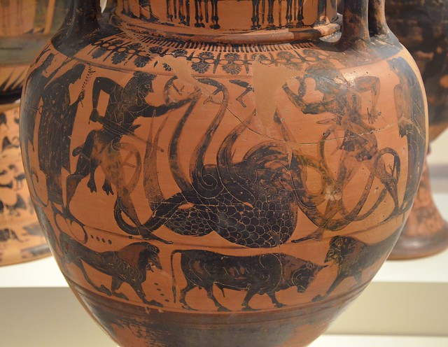 Attic black-figure amphora depicting Herakles killing the Lernaian Hydra with the aid of Iolaos, the fight is watched by Athena and Hermes, from Eretria, about 550 BC, National Archaeological Museum of Athens