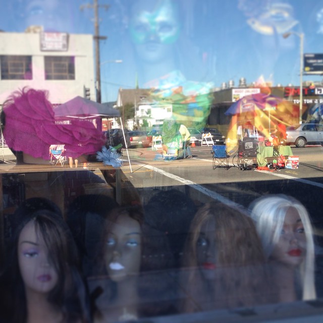 Wigs in shop along Oakland Art Murmur