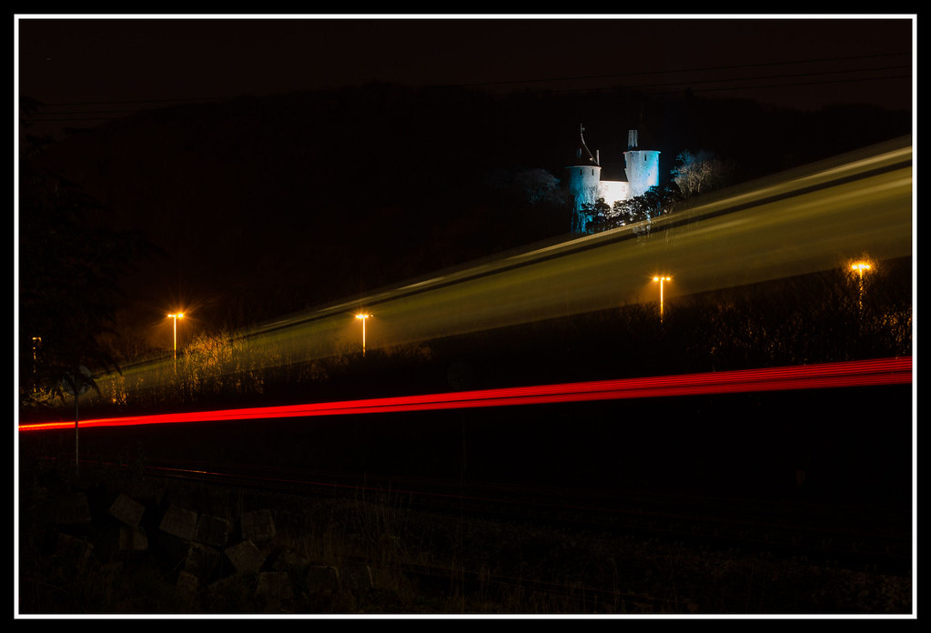 Train light trails at Castell Coch
