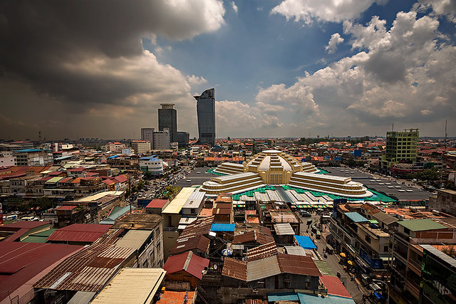 The Central Market - Phsar Thmei - in Phnom Penh, Cambodia from above.