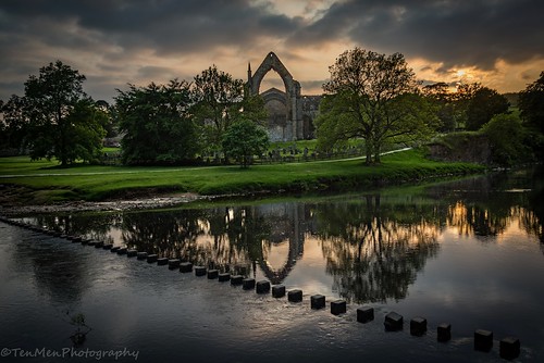 trees sunset reflection building abbey clouds river landscape religious scenery stones yorkshire ruin stepping bolton wharfe
