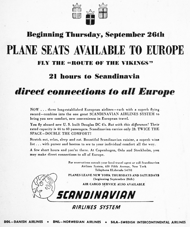 Scandinavian Airlines Vintage Ad 1946