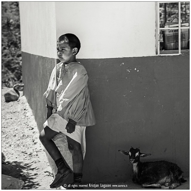 Tarahumara school boy and goat