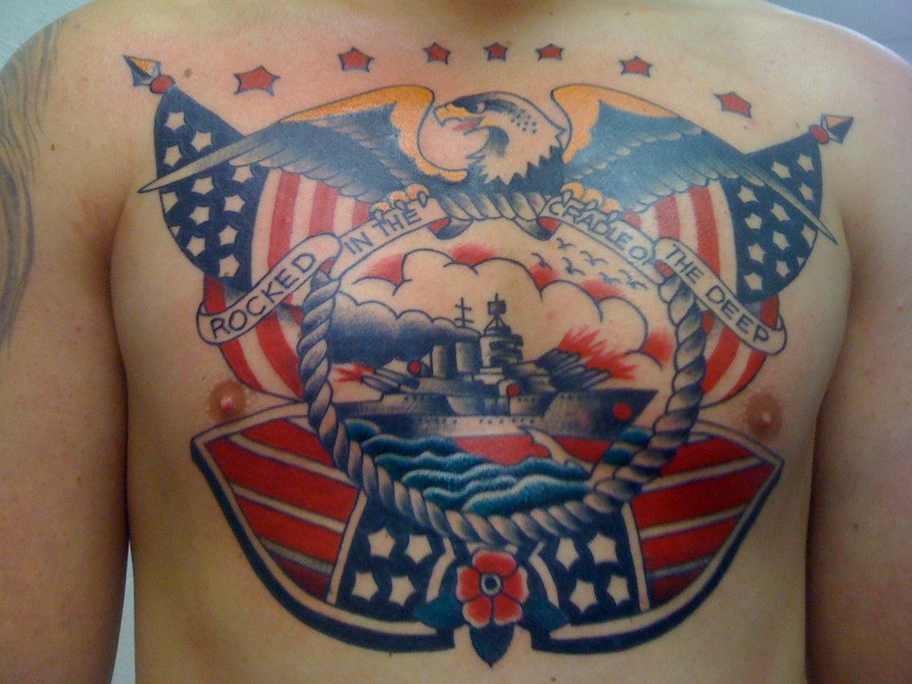 Traditional Eagle Ship Flag Chest Tattoo by Krooked Ken at Black Anchor Tat...