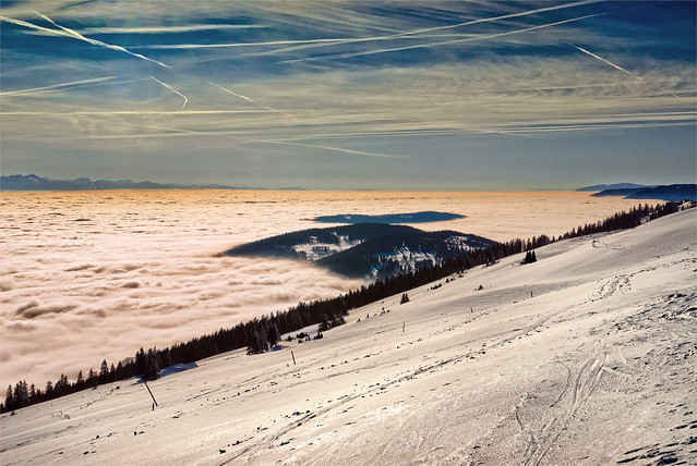 The sea of clouds ,and the Jura mountains at winter time. Taken from the  Chasseral. La mer de brouillard en hiver, vue depuis le Chasseral. THe Alps &The Jura mountains. No. 416.