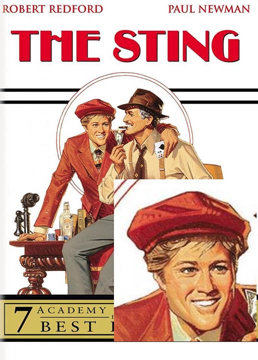 Completely random observation. What the hell is up with this drawing of Robert Redford on the poster/dvd box for The Sting? 1) doesn't he look like Ellen Degeneres? 2) Isn't that hat absurdly outsized for his head? This is one of those pictures you do not