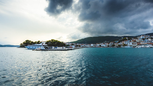 travel blue sunset sea summer water clouds port reflections landscape island harbor boat colours cloudy skiathos