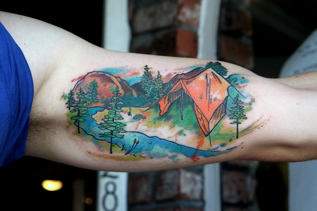 watercolor camping tattoo