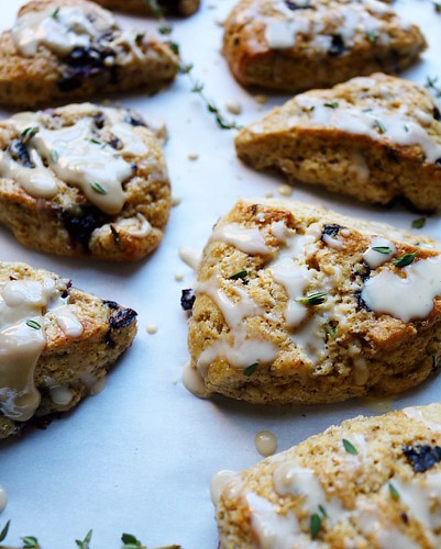 Monday's require scones!   Inspired by @matt.tulpa's recent Ice Cream for @vicecream, I turned all the components of his ice cream into a scone! Blueberry-Thyme with sumac and lemon zest scones with a Tahini-Maple syrup drizzle. The sumac acts like lemon | by an6el177