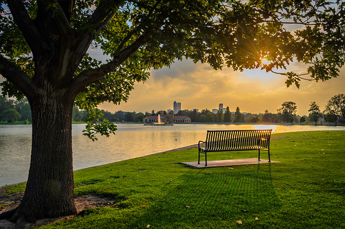 Sunset Bench by Plotz Photography, park city sunset summer urban sunlight lake tree grass skyline bench pond colorado quiet peaceful de