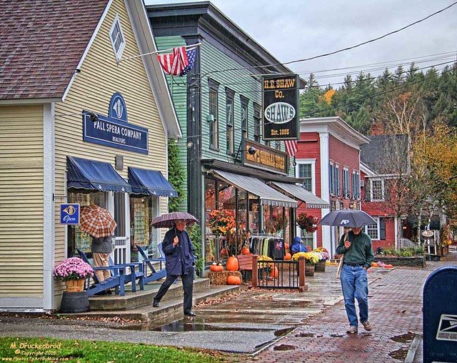 Town of Stowe Vermont on a rainy autumn day