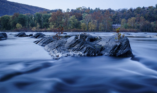 blue trees orange motion reflection green fall water sunrise rocks smooth maryland harpersferry potomacriver