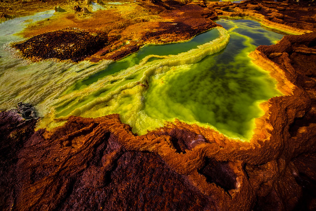 pools of the volcanic acid sulfur in the plain of Dallol, Danakil depression