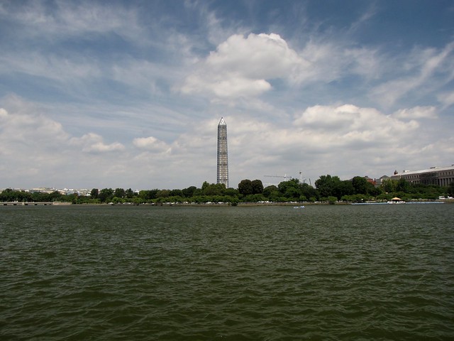 Washington Monument in scaffolding, viewed from across the Tidal Basin near the Jefferson Memorial [01]
