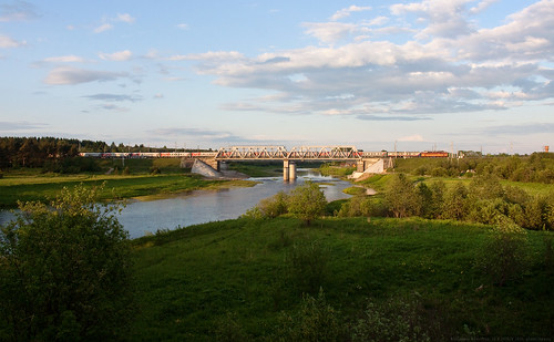 bridge sunset sky clouds river landscape 1855 passengertrain electriclocomotive trussbridge kubena chs4t kharovsk