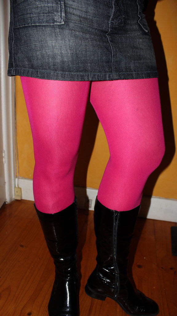 Pink Pink Pink Tights, Boots, and Denim mini