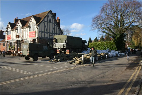 The army have taken over this pub The army have taken over this pub to distribute sandbags to help with the flooding in Cookham.