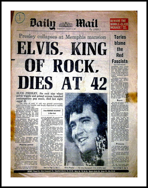 The day after - a newspaper front page from Aug 17th 1977 announcing the death of Elvis Presley
