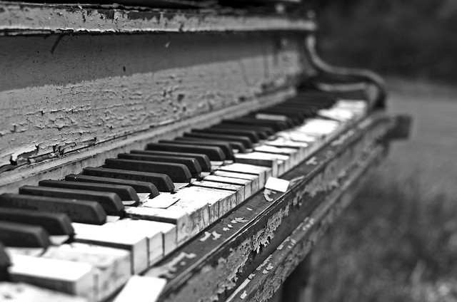 Weather-beaten piano left to sit outside to be claimed by nature.