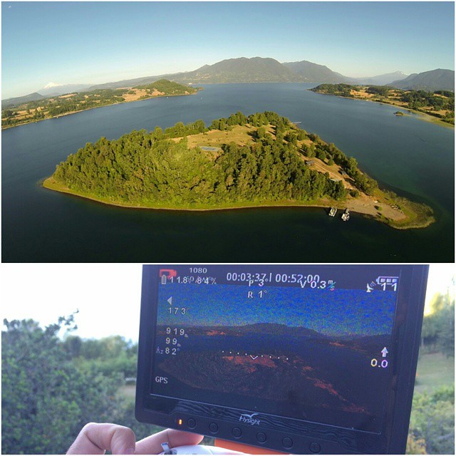 Récord (personal) de distancia con el dron: Casi 1 Km sobre el Lago Panguipulli para llegar a la Isla Curihuen. Nótese el volcán Villarica (izquierda), Choshuenco (derecha) y la Luna!