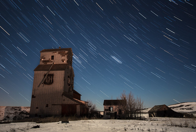 A moonlit Starry Night over an Alberta Ghost Town