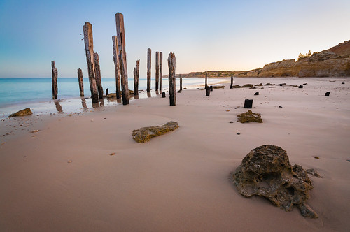 beach sunrise sand rocks jetty posts portwillunga