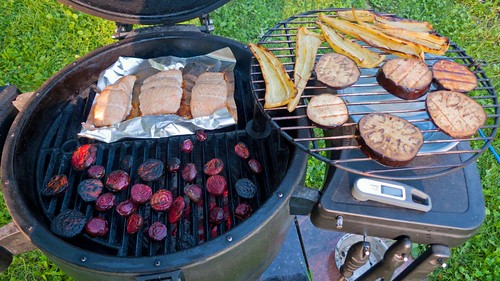 P1110629 | My, what a busy grill. Salmon, beets, eggplant, &… | Flickr