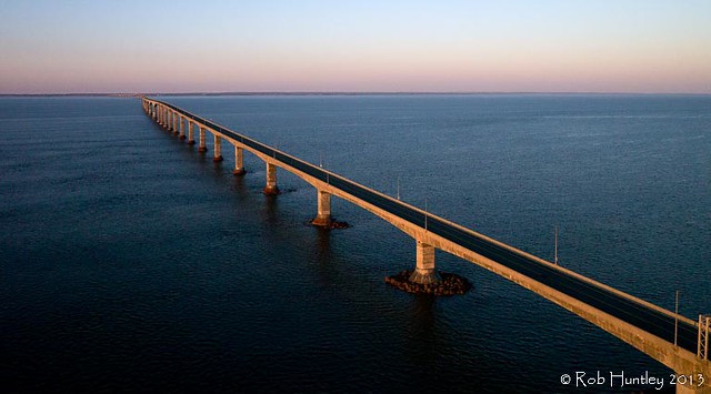 Confederation Bridge at sunset. Aerial photograph at the New Brunswick end of the Confederation Bridge. - Kite Aerial Photography (KAP)