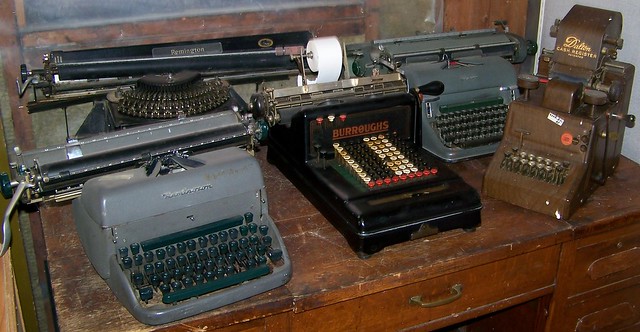 Vintage typewriters, adding machine, cash register