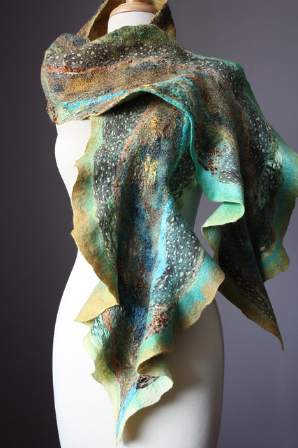 Felted scarf Merino wool , silk, earthy tones collage, woodland