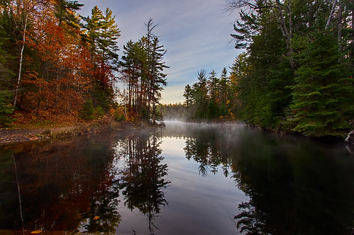 morning sky mist ontario canada fall water clouds sunrise reflections bluesky pines goulaisriver