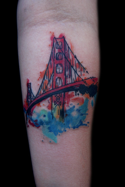 watercolor style goldengate bridge tattoo