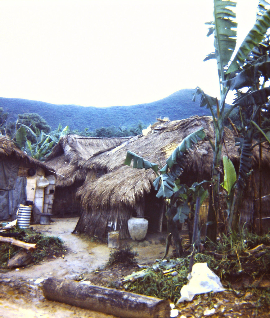 Hue 1970 - Dien Mon Village, Fire Base Arsenal on mountain top in background