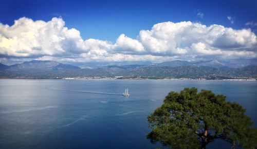 sea panorama tree clouds boat mediterranean day sailing ship view fethiye challengeyouwinner pwpartlycloudy