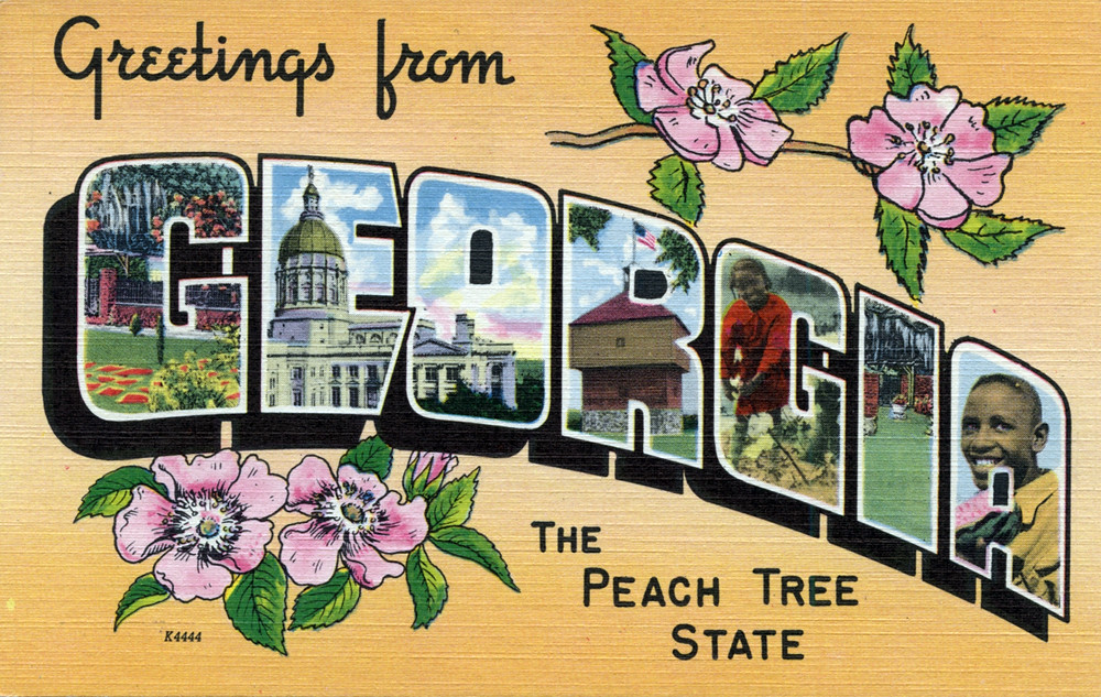 Greetings Georgia Peach Pinup Girl Empire State of the South 1960s Postcard