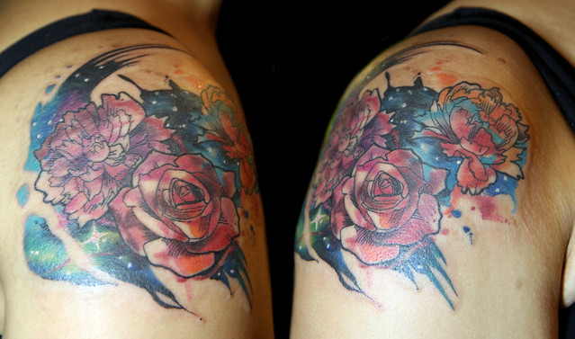 watercolor rose and space tattoo