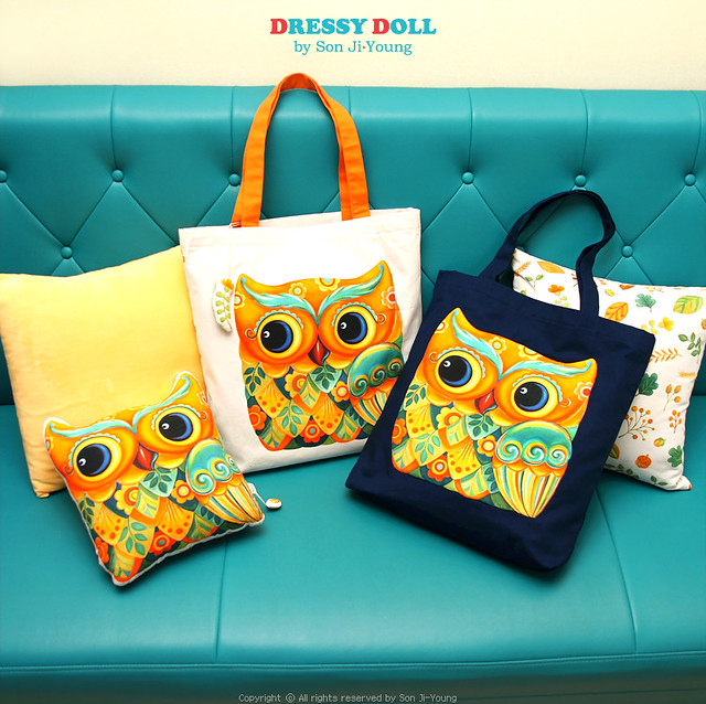 OWL & Leaves FabricⅠ | EcoBag & Cushion (by DressyDoll) | Dressy Doll ...