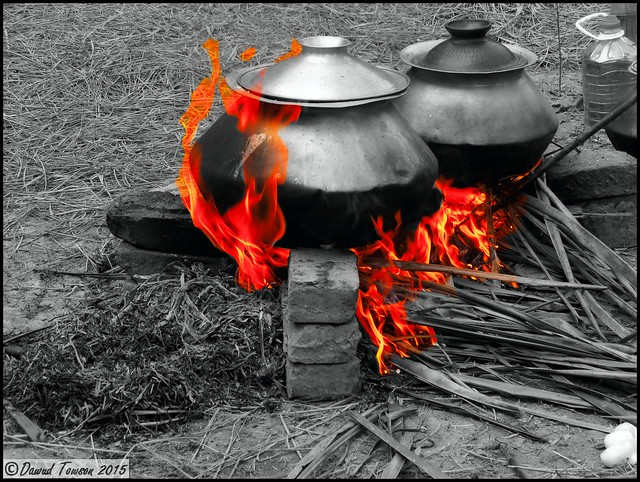 Cooking Pots Under Heat Black & White With a Splash Of Colour