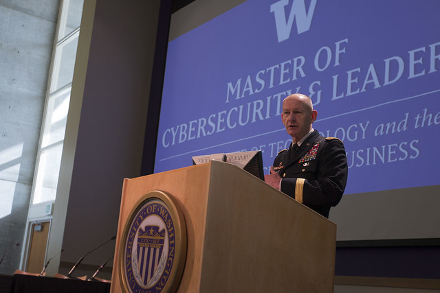 Lt. Gen. Edward C. Cardon, commander of U.S Army Cyber Command and Second Army, addresses an audience of government, business and education cyber professionals at the Northwest Cybersecurity Symposium at the University of Washington-Tacoma, Wash., May 5.