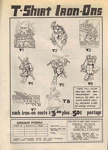 The Original "FUGITOID #1" vii // TMNT T-shirt Iron-ons ad & order form (( 1985 )) by tOkKa