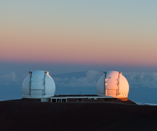 Keck telescopes at dawn, Mauna Kea