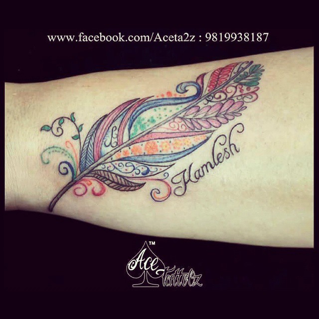 Colourful #feather #Tattoo #Name #Girltattoos #floralDesi… | Flickr