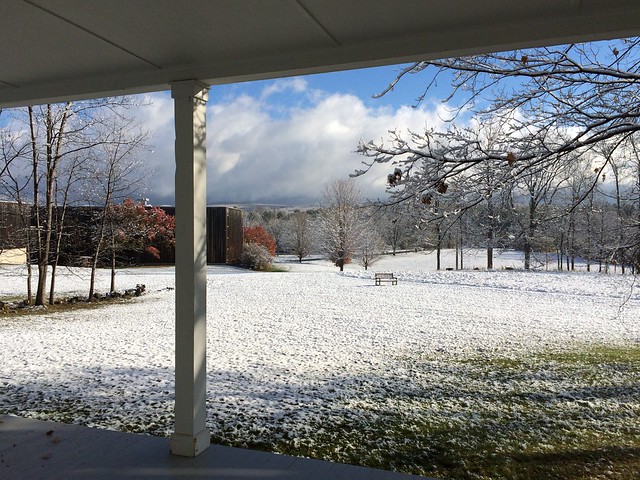 Cricket Hill (Admissions) snowy porch view.