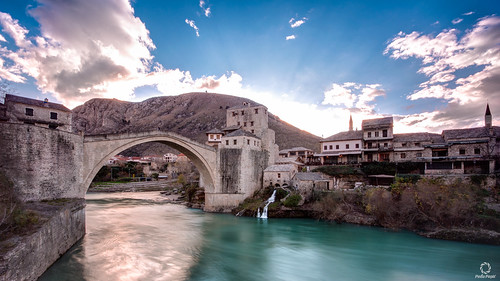 old bridge sunset river mostar neretva