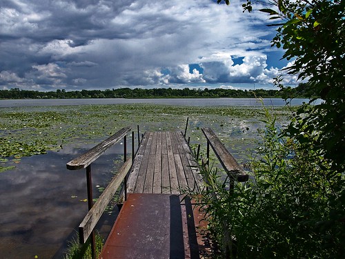 park blue trees light shadow summer sky sunlight lake reflection leaves clouds digital rural landscape fun dock midwest view pov decay michigan country perspective rusty july bluesky adventure rainy orion vista lilypads crusty dilapidated oaklandcounty lakesixteen olympusepm1
