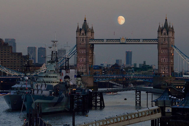 Tower Bridge with rising moon at dusk